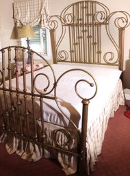 Antique Victorian Brass Queen Size Headboard And Headboard With Curlicue Design.