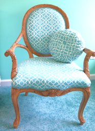 Victorian Style Upholstered Accent Chair With Custom Contemporary Blue Aqua Toned  Printed Fabric