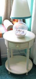 Simple Classic Style Rounded Nightstand & Glass Lamp With Seashell Accents