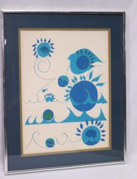 Fun Midcentury Modern Lithograph With Blue Colors, Featuring Elements Of Ocean, Birds, And Wind.