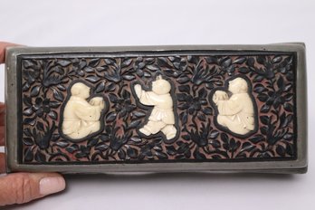 Antique Chinese Metal And Cinnabar Trinket Box With 3 Bone Figures And Wood Interior.