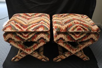 Pair Of 1970s Era X Stools With Cushion Tops In Velvet Flame Stitch Fabric