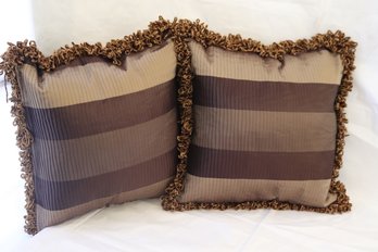 Includes 2 Gorgeous Custom Zipper Pillows In A Textured Layered Multi Tone Bronze/brown Fabric W Brush Fringes