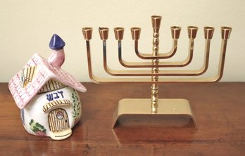 Karshi Designs Handmade In Jerusalem 24 KT Gold Plated Menorah And Hand Painted Ceramic From Israel By Mako