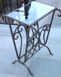 Heavy Iron Side Table With Magazine Holder And Glass Top