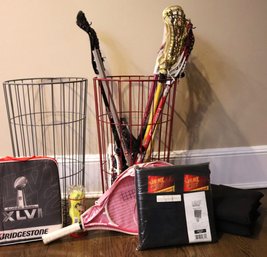 Storage Baskets Great For Sports Accessories, Includes Preowned Kids Size Lacrosse Sticks & Seat Pads