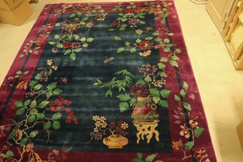 Spectacular Hand-woven Art Deco, Chinese Carpet With Vibrant, Pagodas,  Flowers, And Wide Border.