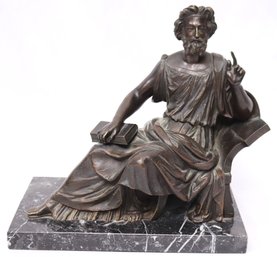 Antique Bronze Figure Of Philosopher Socrates On Black Marble Base.