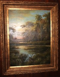 Landscape Painting Of Marsh Land With Palm Trees And White Cranes Signed Montoya In Gold Frame