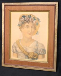 Vintage Framed Portrait Print Of A Young Woman In Baby Blue With A Floral Accented Hat