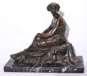 Antique Bronze Figure Of Neoclassical Woman With Lyre And Book, On Marble Base.