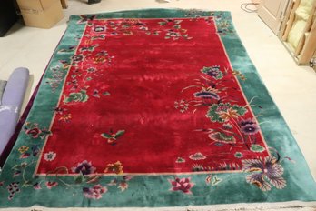 Beautiful Art Deco, Chinese Hand-woven Carpet With Red Background, Green  Border And Lotus Flowers,