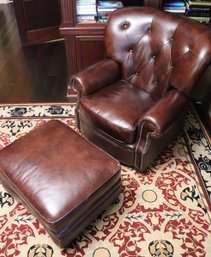 Cozy And Comfy Tufted Leather Accent Chair With Nail Head Accents, Includes Ottoman