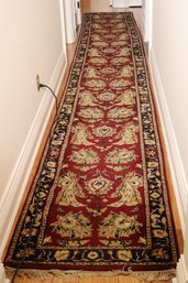 Extra-long Hallway Hand Woven Runner With Maroon Background And Flowers.