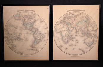 Pair Of Antique Framed Geographical Prints Of Eastern And Western Hemispheres, Published By J. Colton, N.Y.