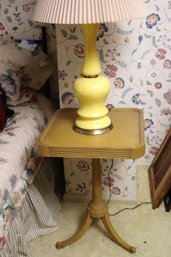 Vintage English Style Wood Side Table And Elegant Vintage Yellow MCM Style Table Tamp With A Pleated Shade