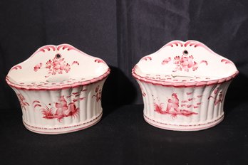 Pair Of Beautiful French Ceramic-Faience Tulip Holders /Tulipieres With Hand Painted Chinoiserie Design .