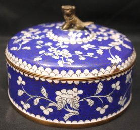 Antique Chinese Cloisonn Covered Snack Dish With Foo Dog Handle