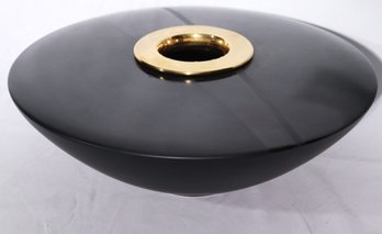 Circa 1980s Italian Modernist Black Porcelain Centerpiece Vase With Gold Metal Rim