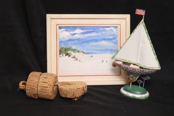Beach Scape Painting, Cork Buoy And Jim Shore Lights Sailboat Decor