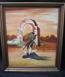 Vintage Oil Painting On Board Of Cowboy With Lasso Signed Bonnie  Harris.