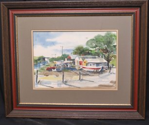 Maritime Watercolor Painting Of Sail Boats In The Dockyard By E. Rodegart In A Wood Frame