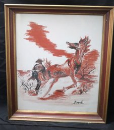 Chalk And Pastel Artwork Of Bucking Bronco With Cowboy Signed  Bonnie