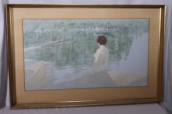 McCauley Conner Listed Artist Pastel And Tempera Painting The Wharf- Lovely Nude In Serene Lake With Rowboat