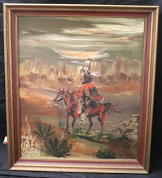 Painting On Canvas Of Horse And Rider Signed Bonnie Harris, Framed.