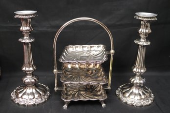 Pair Of Ornate Silver-plated Candlesticks And Elegant 3 Tier Swivel Serving Dish With Handle