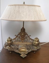 Antique Bronze Inkwell Lamp With String Shade.