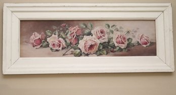 Romantic Victorian Style Signed Print Of Pink Roses In Bloom In A Wide Frame.