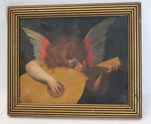Charming Miniature Oil Painting Of Musical Angel Playing A Lute