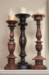 Three Vintage Turned Wood Candleholders In A Variety Of Sizes.