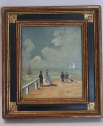 Miniature Oil Painting Of Elegantly Dressed People At The Seashore