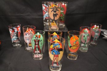 Set Of 11 1976 Pepsi Super Series Super Hero Glasses Including Superman, Aquaman, Bat Girl, Penguin And More