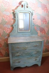 Antique Blue Speckle Painted Chest/dresser With Mirror