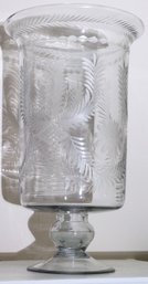 Large Etched Glass Hurricane Vase With Delicate Fern Pattern.