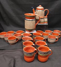 Mexican Style Ceramic Pottery Set Includes Tray, 8 Larger Mugs, 12 Smaller Mugs, Pitcher, Kettle, Salt/pepper