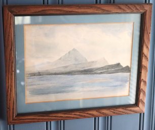 Original Framed Coastal Watercolor Painting With Mountains In The Distance