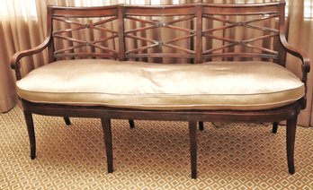 Gorgeous Theodore Alexander 3 Seat Regency Style Mahogany Settee With Cane Seat And Down Filled Silk Pillow.