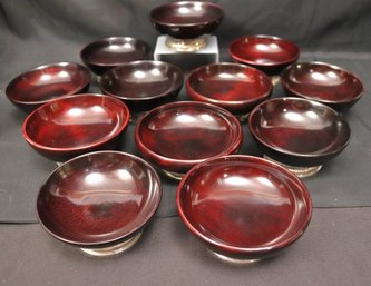 Set Of 12 Colombia Polished Wood Bowls With Weighted Sterling Bases