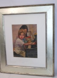 Watercolor Painting Of Young Girl At Piano Lesson Signed Susan Kaplan