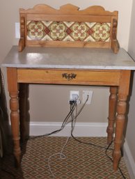 Antique Pine Dry Sink With Marble Top And Tile Backsplash.