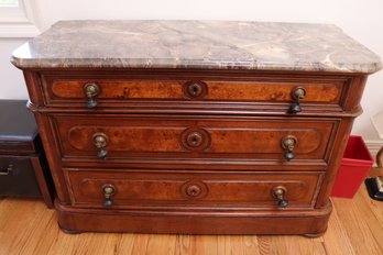 1840s American Victorian Burl Wood Dresser With Fitted Grey  Marble Top.