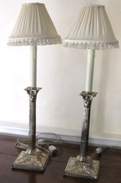 Pair Of Cute Little Victorian Style Table Lamps With Column Post, Embossed Design And Ruffled Velvet Shades