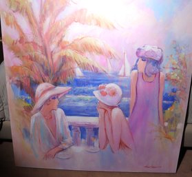Unframed Painting And Shades Of Pink And Blue With Ladies By The Seaside Signed  By Artist