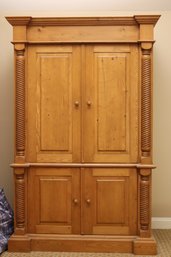 English Style Pine Armoire Cabinet With Turned Columns.