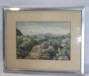 Watercolor, Landscape Painting Of Mountain Vista, With Matting And Chrome Frame
