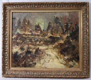 Mid Century Modern Cubist Post- Impressionist Painting Of NYC Signed Malone, In A Wide Carved Gold Frame.